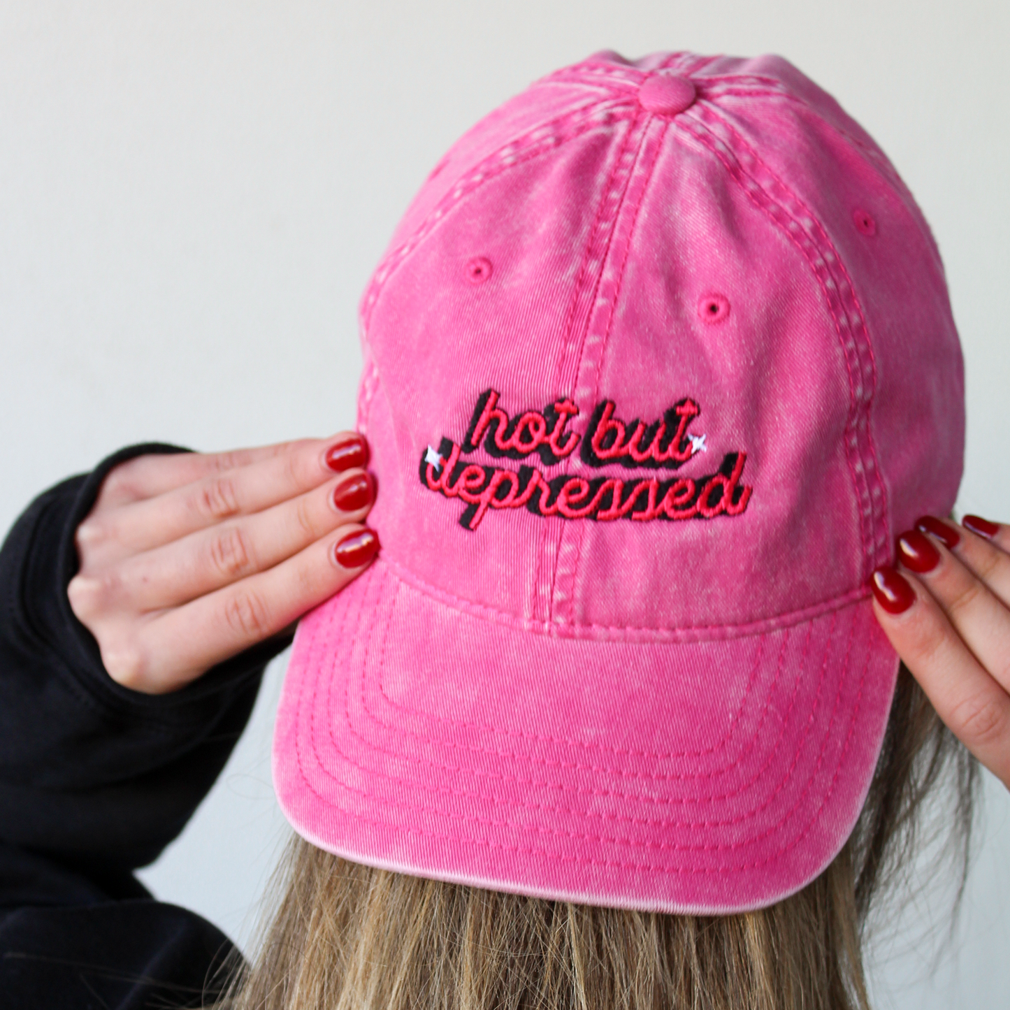 'hot but depressed' Pink Denim Cap