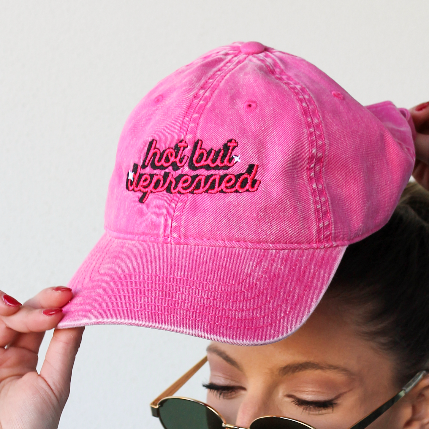 'hot but depressed' Pink Denim Cap