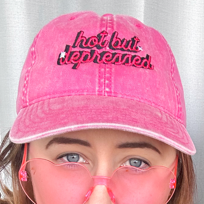 'hot but depressed' Pink Denim Cap