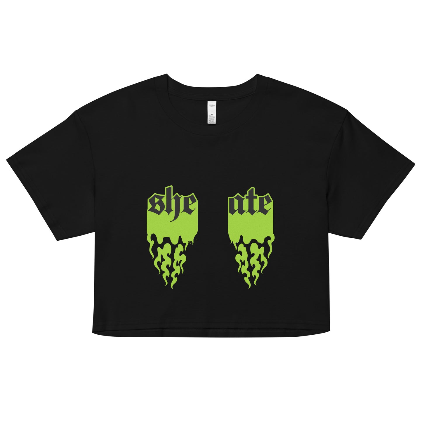 Flatlay of black crop top with lime Green 'she ate' design with y2k style flames